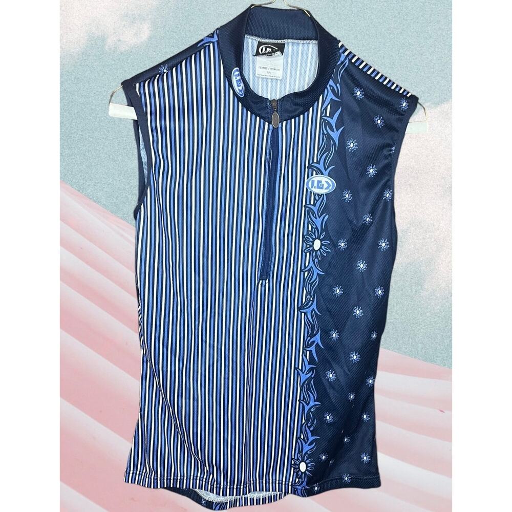Louis Garneau Cycling Shirt Size Large Blue and White Striped and Navy Floral
